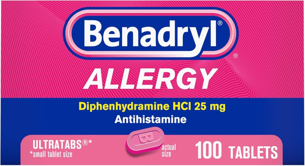 Benadryl Ultratabsのアレルギーの薬、25のmgのDiphenhydramine HClの風邪のためのAntihistamineのタブレット及びSneezing、Ronyの鼻、Itchyの目及び喉、Hay Fever、100の計算のタブレットのような症状のアレルギーの軽減