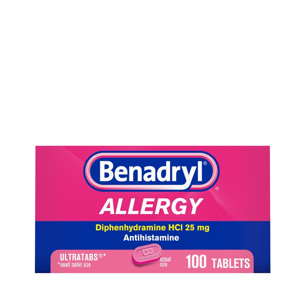Benadryl Ultratabsのアレルギーの薬、25のmgのDiphenhydramine HClの風邪のためのAntihistamineのタブレット及びSneezing、Ronyの鼻、Itchyの目及び喉、Hay Fever、100の計算のタブレットのような症状のアレルギーの軽減