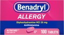 Benadryl Ultratabs Allergy Medicine, 25 mg Diphenhydramine HCl Antihistamine Tablets For Cold & Allergy Relief of Symptoms Like Sneezing, Runny Nose, Itchy Eyes & Throat, Hay Fever, 100 Count Tablets