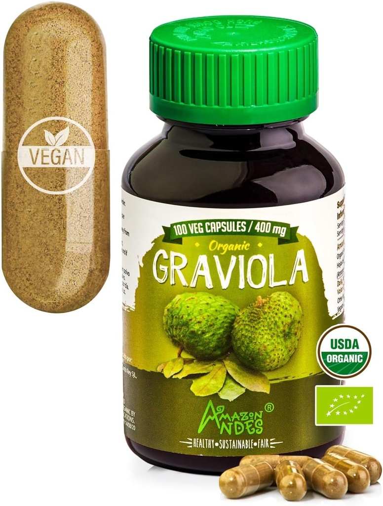 Andes Graviolaカプセル - ビタミンCと繊維が豊富 - 免疫システム刺激剤 - 健康な細胞機能 - ビーガン、非GMO、グルテンフリー、フェアトレード認定 - 100サソップピル(400mg)
