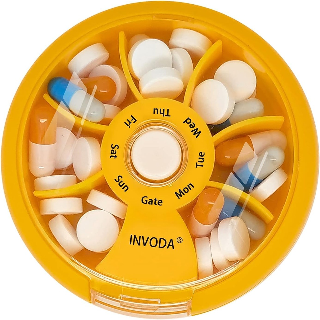 INVODA Weekly Pill Organizer 7 Compartment Rotating Pill Box for Daily Medication & Vitamins - Portable Travel Pill Case Fish Oil Supplements Vitamins Organizer (Orange)