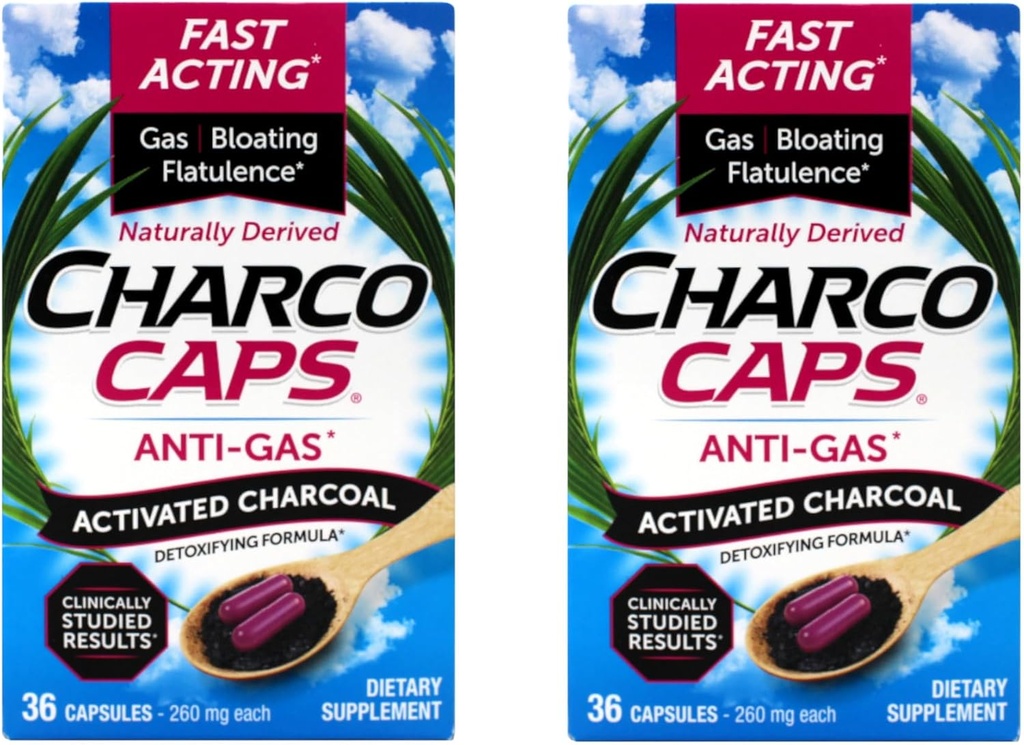Anti-Gas – Fast-Acting Activated Charcoal Detoxifying Formula, Naturally Derived, Relief for Gas, Bloating, and Flatulence, 36 Capsules, 260 mg Each (Pack of 2)