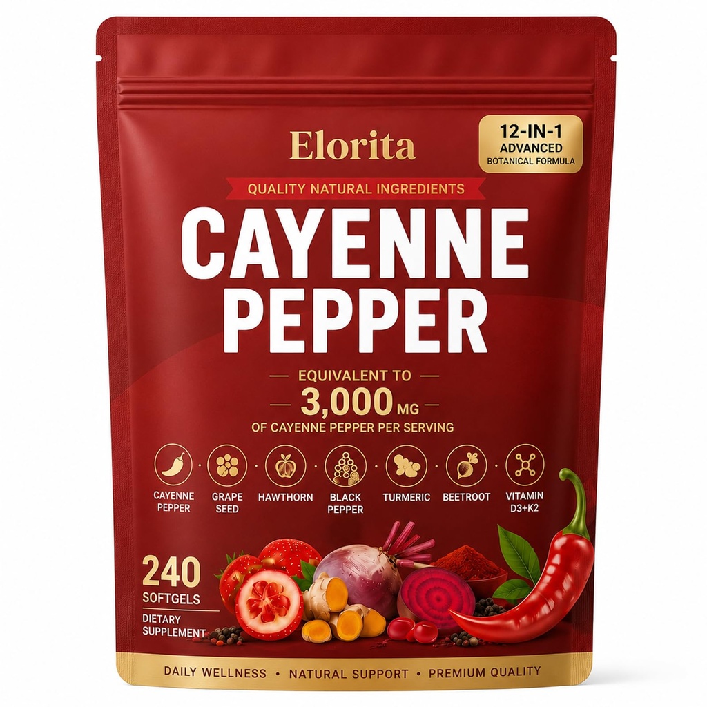 Cayenne Pepper Softgels - 12-in-1 Capsaicin Supplements, with Vitamin D3 & K2, Turmeric, Hawthorn, Beetroot, Black Pepper Extract, Vegan, Gluten-Free, Non-GMO, 240 Softgels (1PCS)