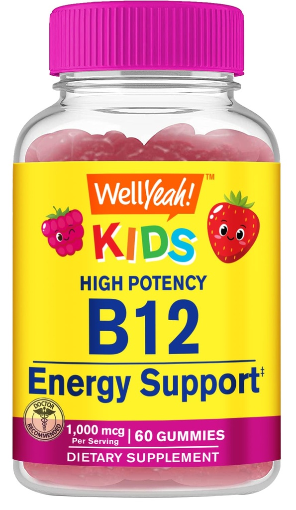 子供のためのWellYeahビタミンB12グミ - ブーストエネルギー、脳機能を改善し、免疫システムを強化 - 非GMO、グルテンフリー - 偉大なテイスティングベリー風味 - 簡単に咀嚼 - 60グミ
