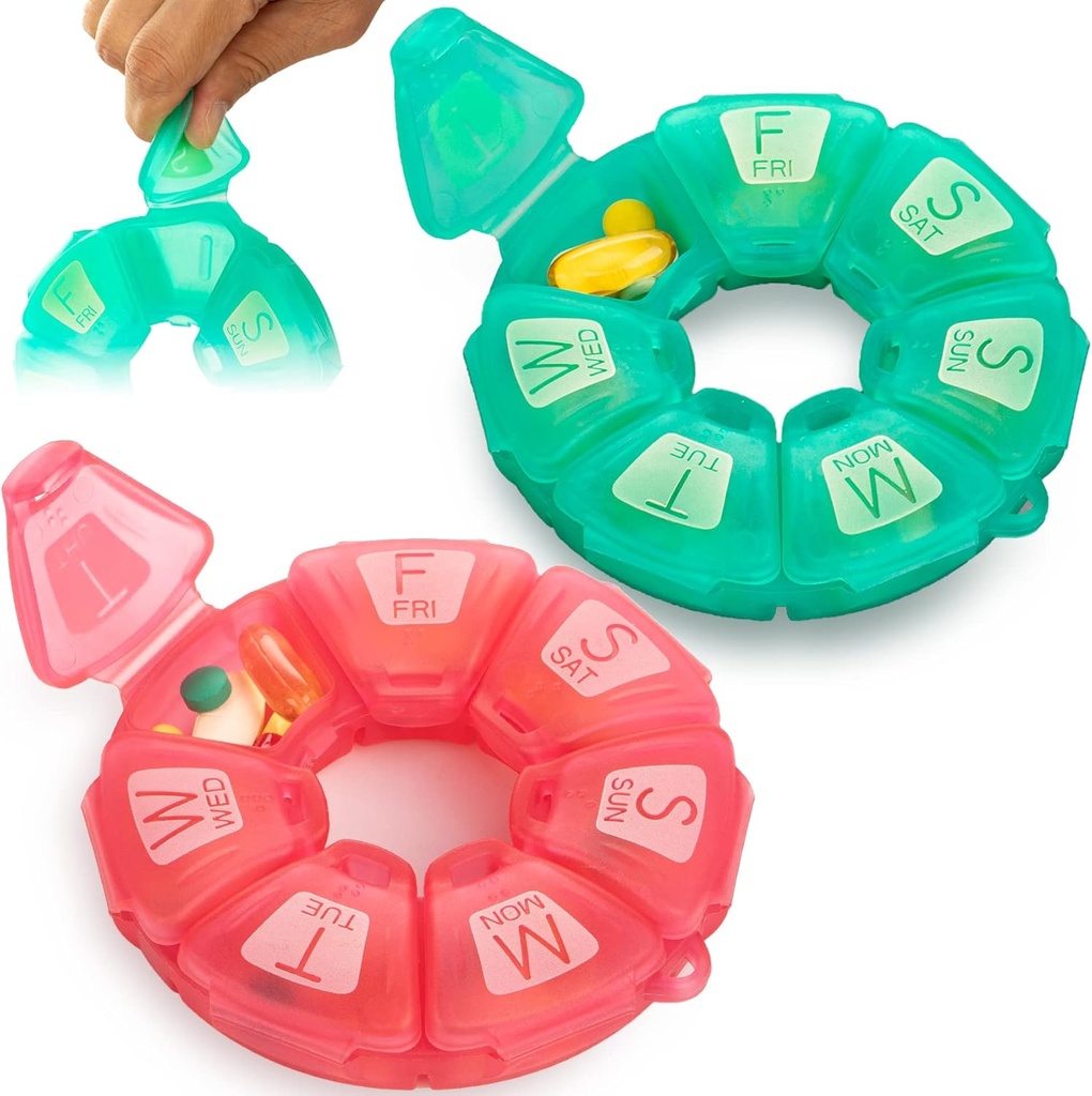 ラウンドウィークリーピルオーガナイザー, TPU ゴム化, 旅行ピルコンテナ 7 日, 7 大型コンパートメント付き, 大文字とブレーユとかわいいピルケース (2 グリーン ローズ)