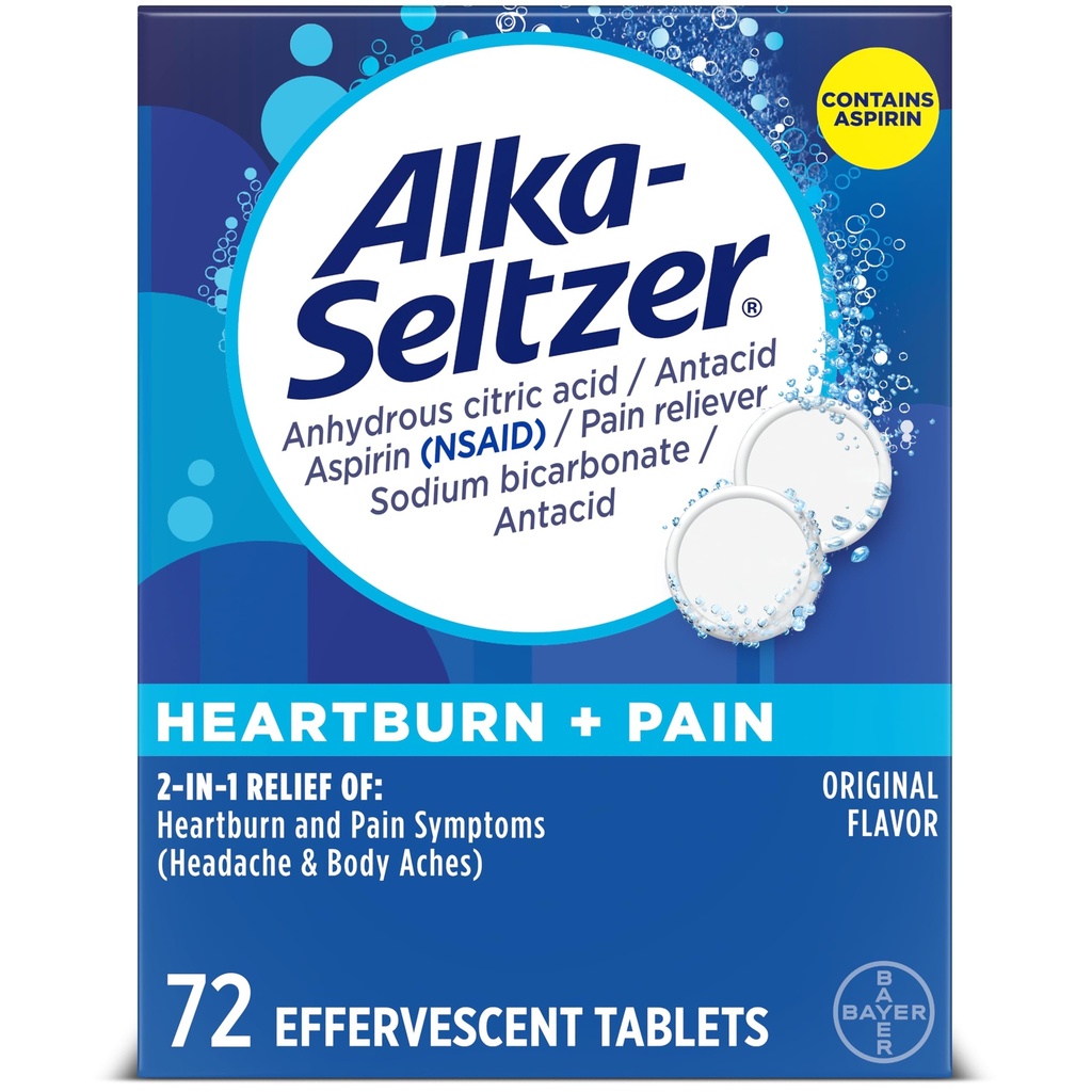 Alka-Seltzer ハートバーン + 痛みの Effervescent Aspirin + アントエイド錠, 速いハートバーンの救済と酸の消化不良救済, アスピリンと痛みの軽減, 72 Ct