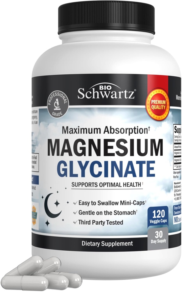 BioSchwartzのマグネシウムのGlycinate 500mgのカプセル(120の小型帽子)健康なNerves筋肉中心気分および睡眠サポートのための最高の吸収のマグネシウムの補足(Vegan、グルテンフリー、非GMO)