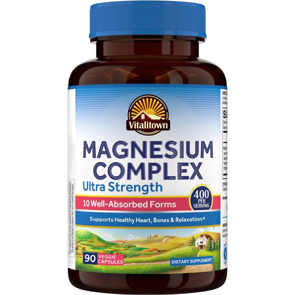 ヴィタリタウン 10 に 1 マグネシウムコンプレックス サプリメント - 400 mg Elemental マグネシウム キレート、クエン酸塩、マレート & もっと - 睡眠心エネルギー - 非GMO、ビーガン、90キャップ