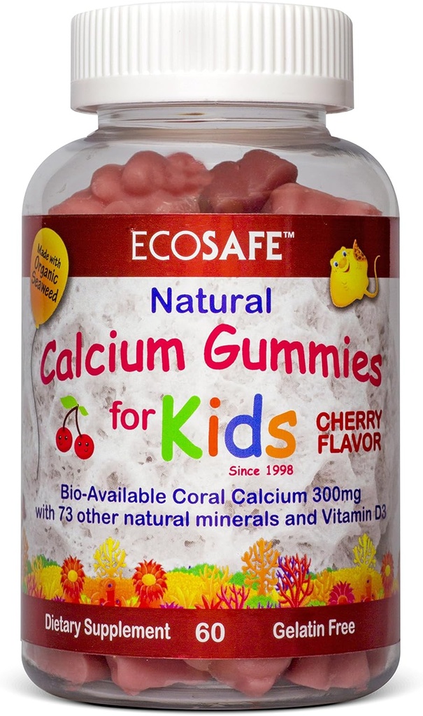 ECO SAFEの珊瑚のカルシウム ビタミンD3の子供のGummy、自然なチェリーの味、非GMO、グルテンフリー、酪農場なし、大豆なしおよびゼラチンは放します-カルシウムの300のmg、およびビタミンD3-60のグミの800 IU (2パック)