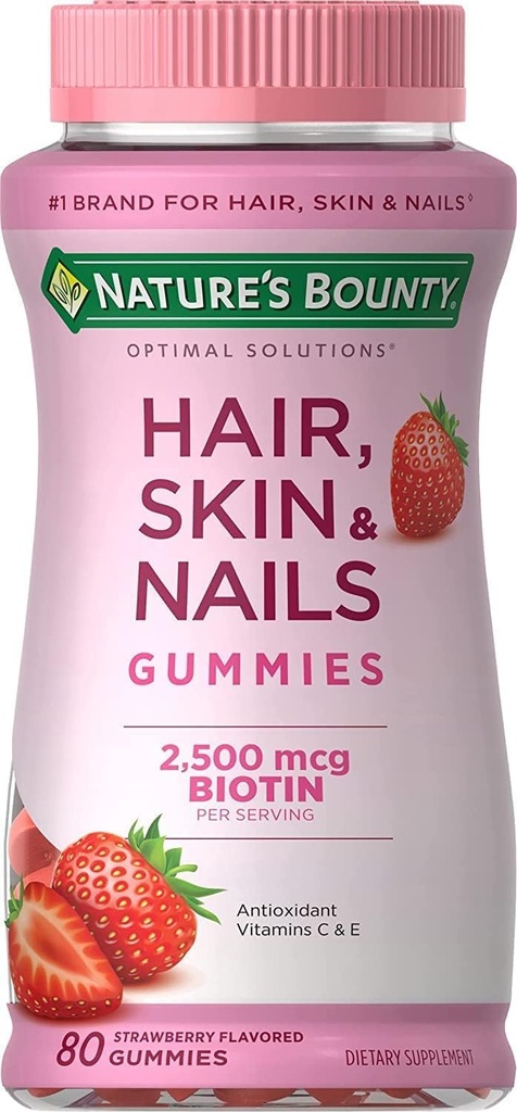 Nature's Bounty Optimal Solutions Hair, Skin & Nails with Biotin Strawberry Flavored - 80 Gummies, パック 5