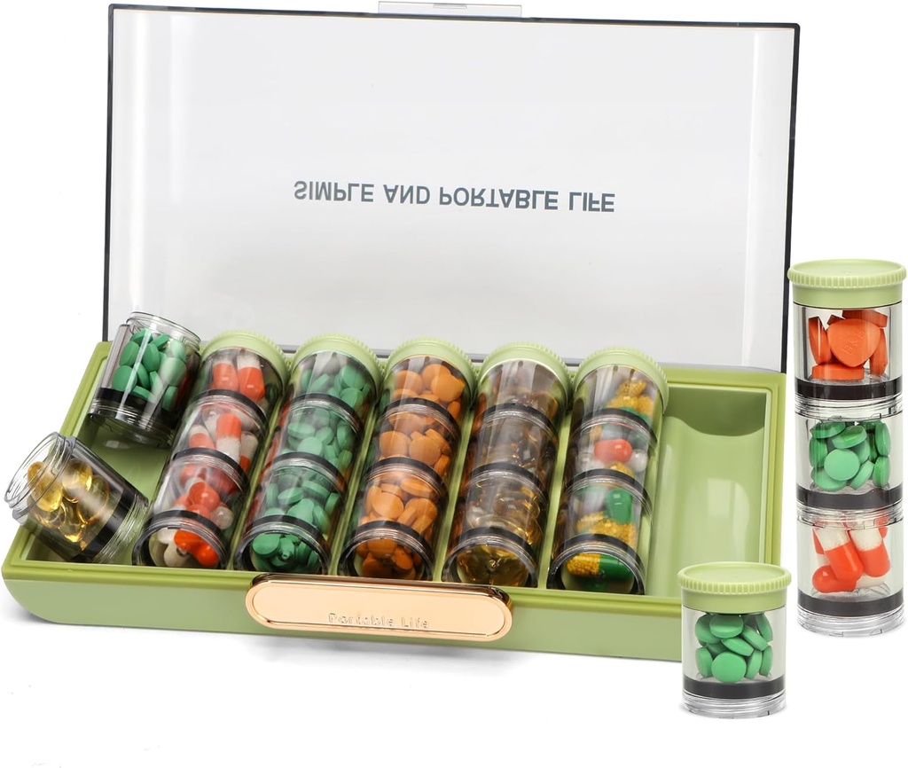 Toplive Pill Organizer, Medicine Pill Organizer, Travel Pill Box 7 Day, Pill Case, Large Weekly Pill Container Holder for Vitamin Cod Liver Oil, Green