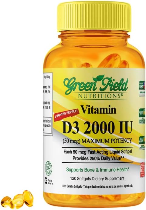 Greenfield Nutritions Halal Vitamin D3 2000 IU Softgel - 50 mcg High Potency D3、120 Unflavored Mini Softgels - ハラール・ビタミンD(ハラール・ビーフ・ゼラチン)、免疫骨歯脳と髪をサポート