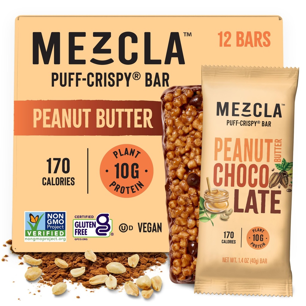 Mezcla Puff-Crispy Plant Based Protein Bars - Peanut Butter Chocolate - Healthy Snacks for Adults & Kids - Perfect School, Travel, & Office Snacks - Gluten Free, Vegan, Non GMO, 10g Protein - 12 Count