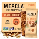 Mezcla Puff Crispy Protein Bars, Gluten Free & Vegan Protein Bars, 10g Protein, Alt for Crispy Rice Treat, Granola Bars & Breakfast Bars, Healthy Snacks for Adults, Peanut Butter Chocolate, 12 Pack