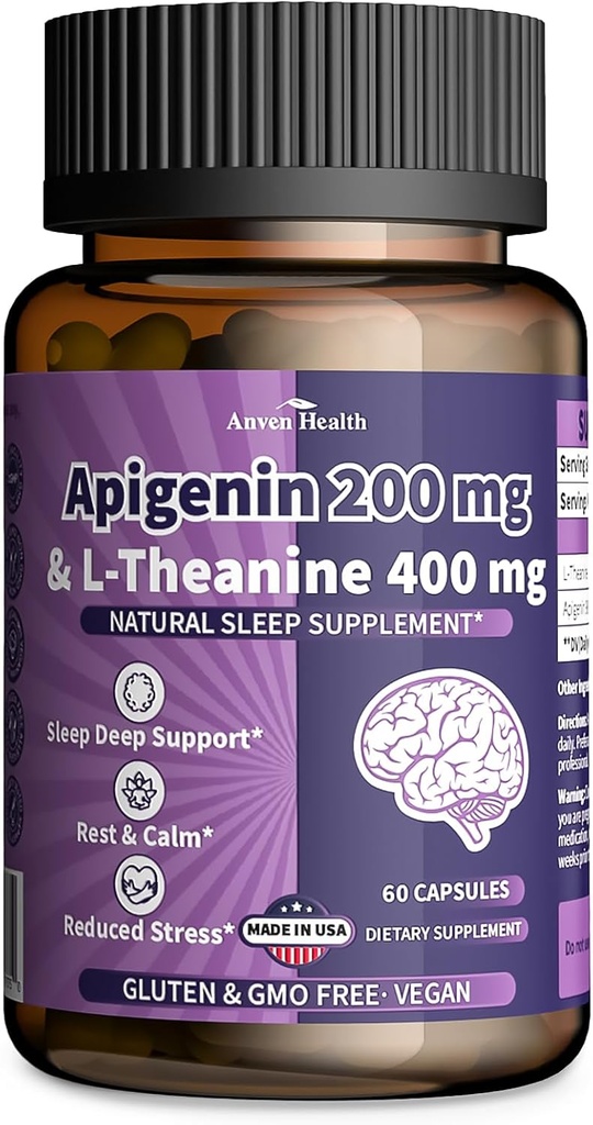 400mg L-テアニン200mg Apigeninサプリメントと睡眠中リラックス&ストレスリリーフ - グルテンフリー、非GMO、ゼロフィラー - アメリカ製 | 60 Veggieカプセル
