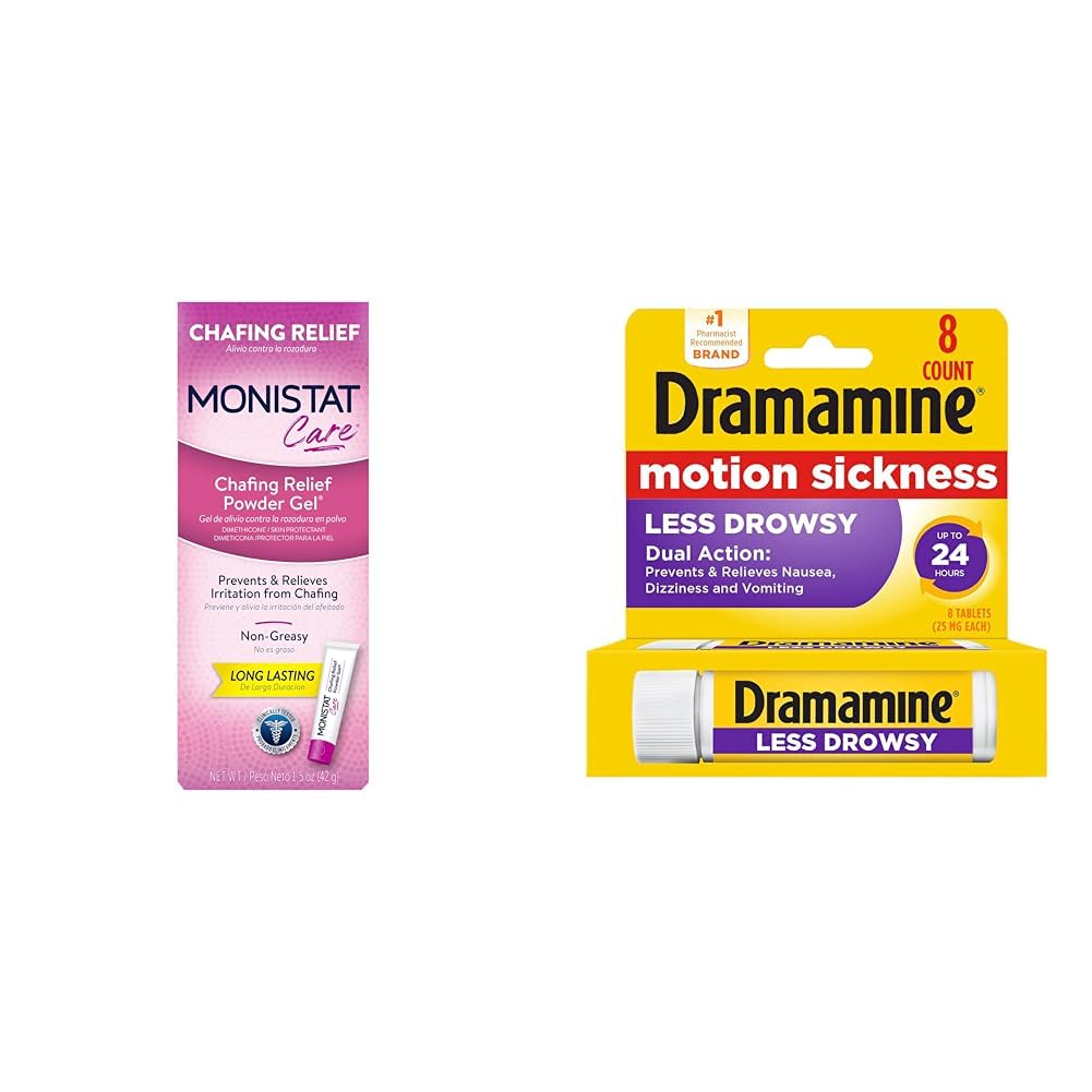 Monistat Chafing Relief Gel 1 Pack, Dramamine Motion Sickness Relief Less Drowsy 8 Count
