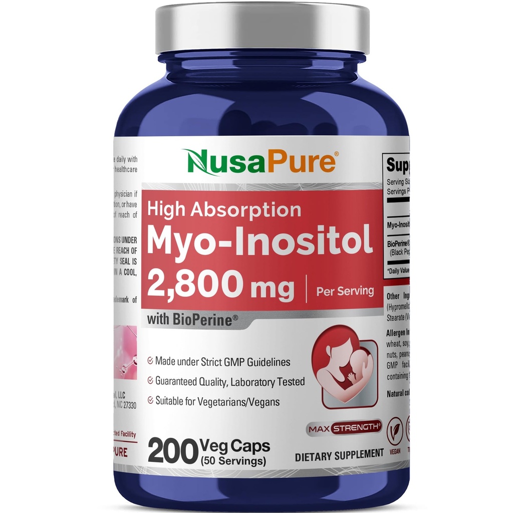 NusaPure Myo-Inositol 2800mg、200のカプセル、余分強さの補足、非GMO