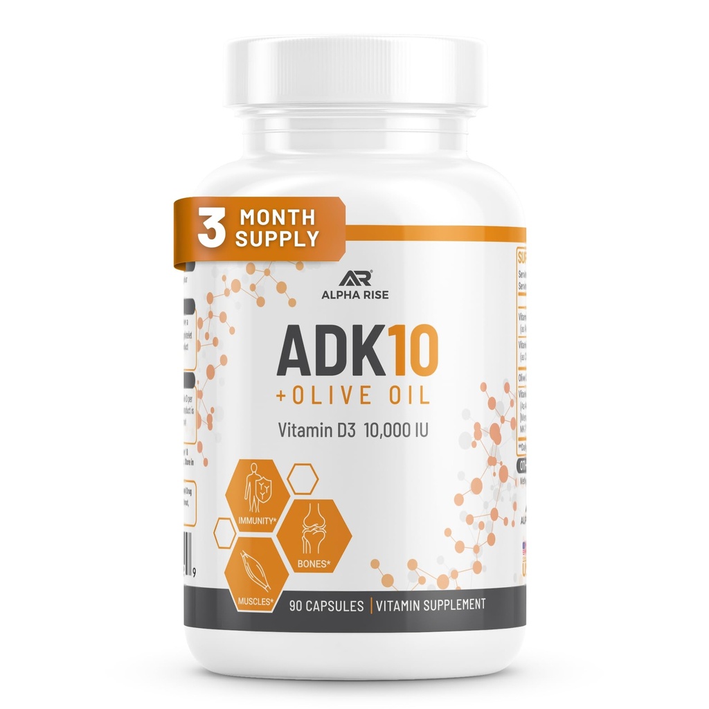 ADK 10ビタミンサプリメント + より良い吸収のためのオリーブオイル - ビタミンA + D3(10,000iu) + K2(MK7 + MK4) - 90カプセル - ベジタリアン - 非GMO