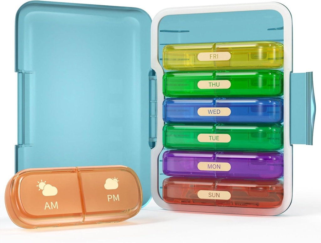 Weekly Pill Organizer 2 Times a Day, 7 Day Pill Box 2 Times, Portable for Travel Pill Case for Pills/Vitamin/Fish Oil/Medication/Supplements (2x7 Blue+Rainbow)