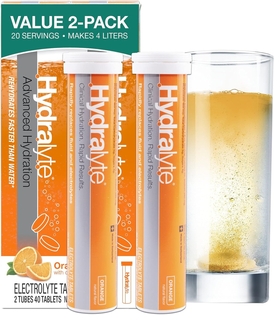 Hydralyte Electrolyte Tablets | 40 Orange Electrolytes | Airplane Travel Essential for Rapid Rehydration | Hydration Tablets - Instant Dissolve Electrolytes (20 Servings, 2 Tablets Per Serve)
