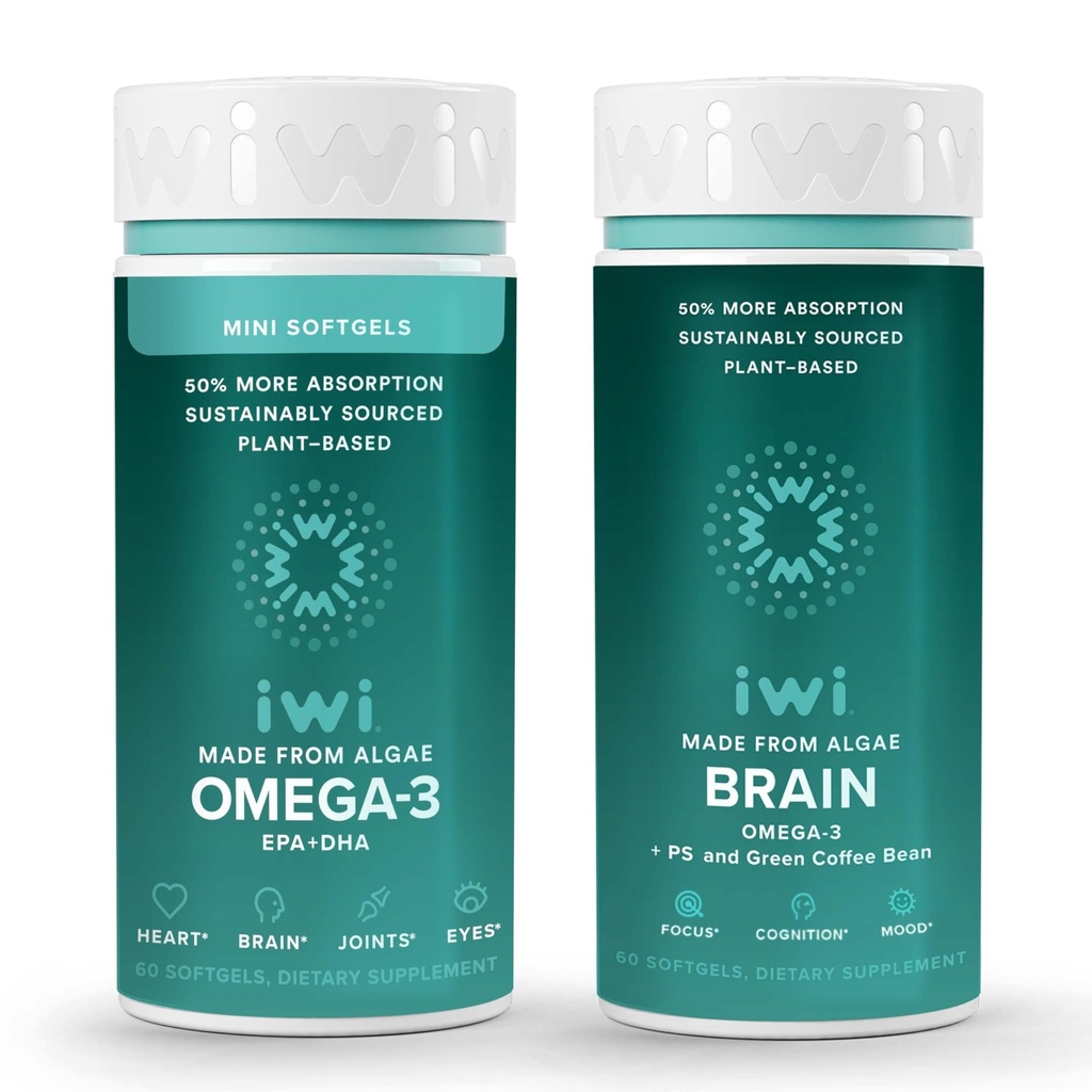 Iwi Omega-3ミニ&ブレインオメガ-3バンドル、30サービング、ビーガン植物ベースの藻オメガ3とEPA + DHA、Krill&フィッシュオイル代替、魚介のAftertasteなし