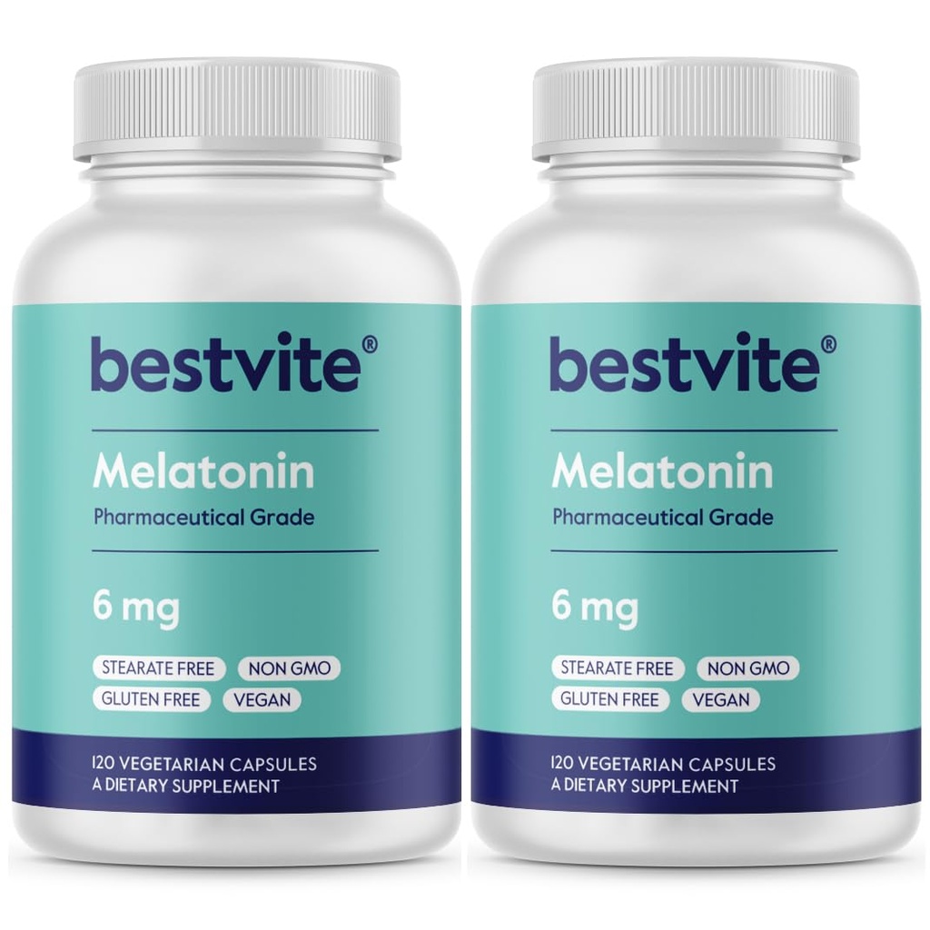 BESTVITE Melatonin 6mg (240 ベジタリアンカプセル) (120 x 2) - ない Stearates - ビーガン - 非GMO - グルテンフリー