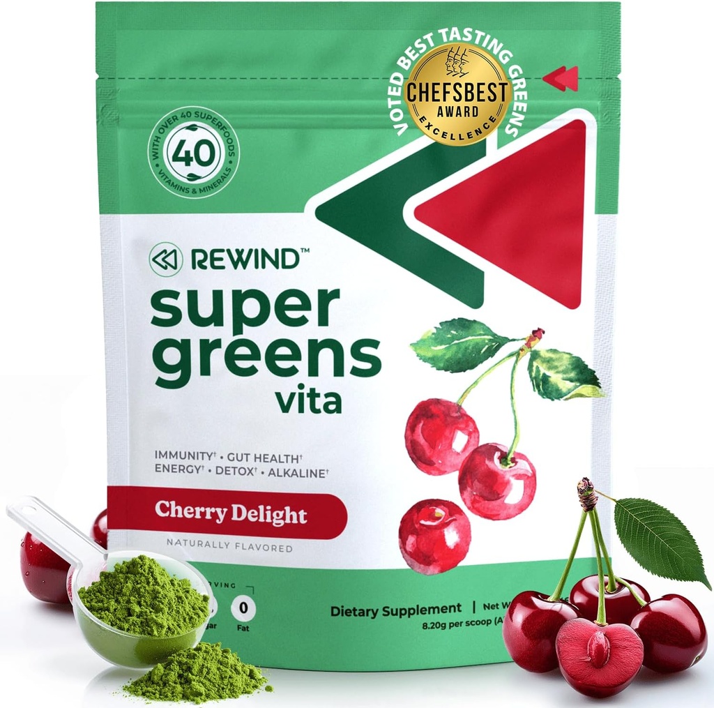 Best Tasting Super Greens Powder with 40+ Superfoods – Delicious Daily Green Powder with Vitamin B12, Zinc, Vitamin C, Magnesium & Calcium – Green Juice Superfood Mix - Cherry Flavor