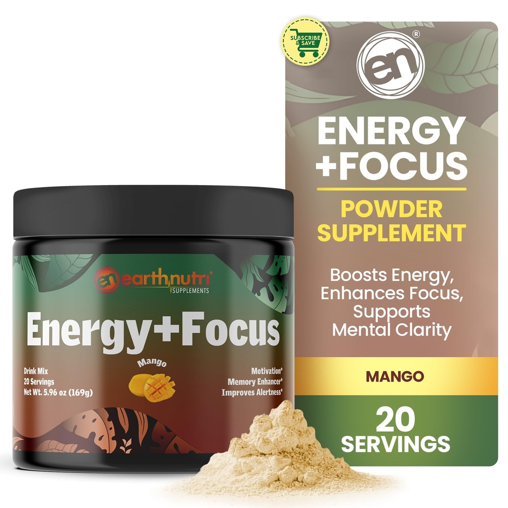 EarthNutri エネルギー + フォーカスパウダーサプリメント - PeakO2、AlphaSize、Cognizin、PurCaf、Theacrine、アセチルL-カルニチンL-チロシン - マンゴ味 - 20の味(171g)