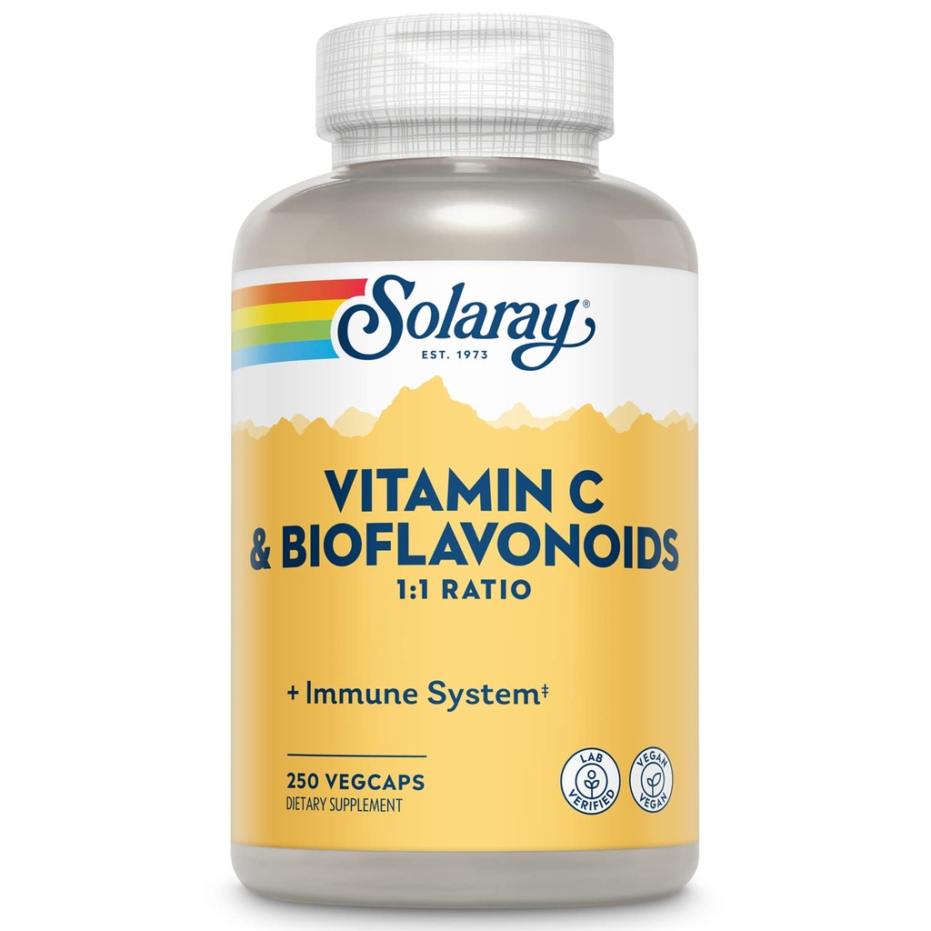 シトラスBioflavonoids、1:1の比率のSOLARAYのビタミンC 500mg - 酸化防止剤および免疫サポート補足-ローズHIPSおよびAcerola、ビーガン、60日の保証、125のサービング、250のVegeCapsのビタミンC