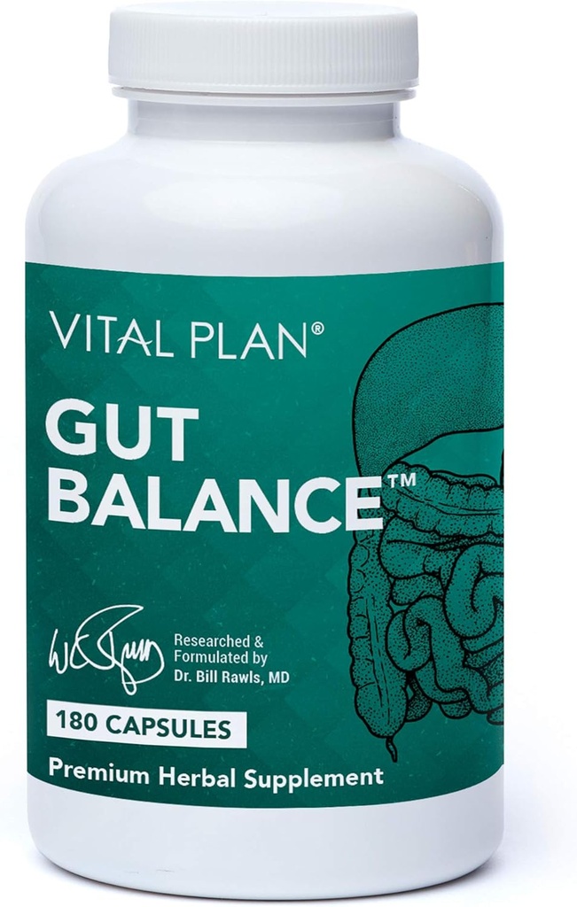 Vital Plan Gut Balance Supplement by Dr. Bill Rawls - Advanced Digestive Health Support Formula w/Clinical-Grade Slippery Elm Bark, Berberine & Dandelion Extract for Women & Men (180 Capsules)