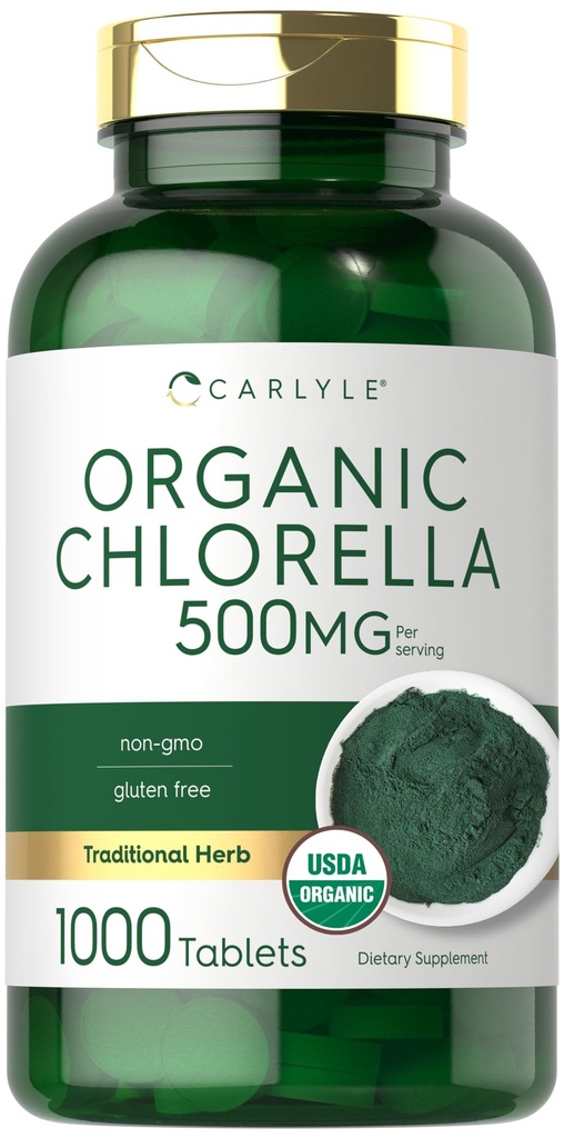 カルリールクロレラ錠 オーガニック500mg | 1000カウント | ベジタリアン・非GMO・グルテンフリー対応サプリメント