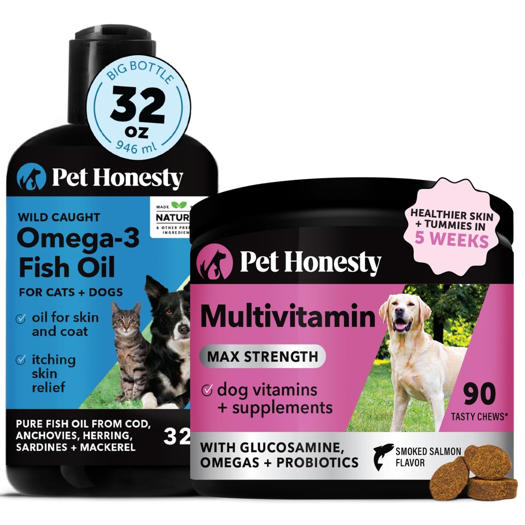 Omega 3 魚油 & マルチビタミン 最大強度バンドル: ワイルドキャッチオメガ 3 サプリメント & 15in-1 犬のビタミン皮膚、コート、健康 (32oz)