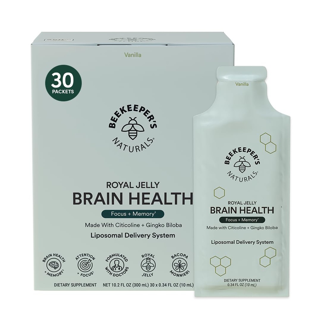 Beekeeper's Naturals、500mg Citocoline、Ginkgo Biloba、Bacopa Monnieri&Royal JellyによるNootropic Brainサプリメント、フォーカス&メモリ、より簡単な吸収、さらにはおいしいバニラ味、30ct