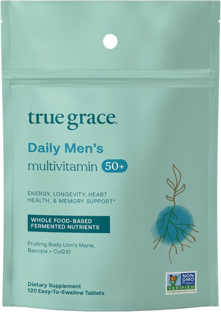 True Grace Daily Men’s Multivitamin 50+ - 120 Easy-to-Swallow Tablets - Immune, Energy, Longevity & Memory Support - Gluten Free, Soy Free, Vegan - 60 Servings