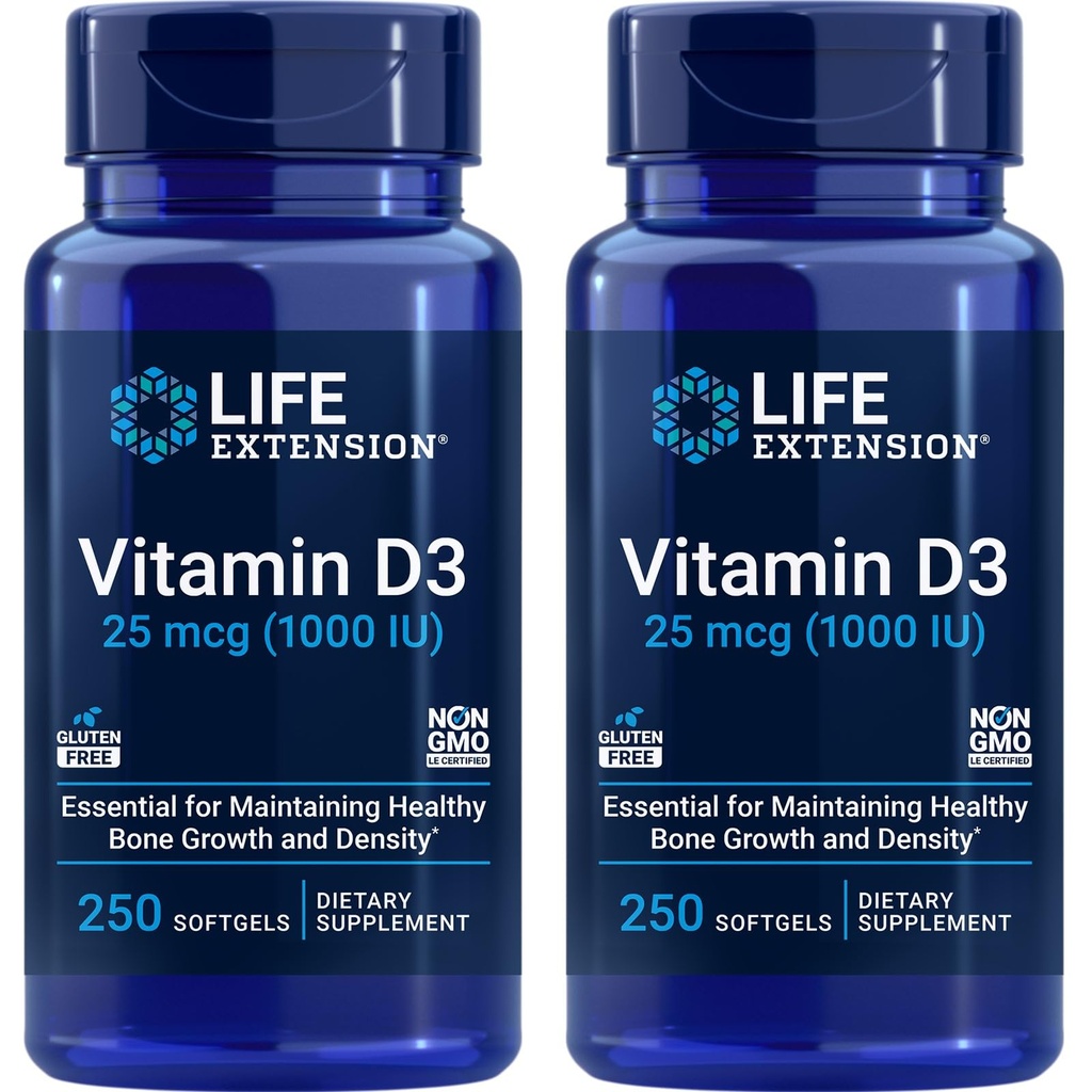 ライフエクステンションビタミンD3 25 mcg(1000 IU)、免疫システムサポート、骨の健康、全身の健康、値サイズ、グルテンフリー、非GMO - 2パック - 2 x 250 Softgels