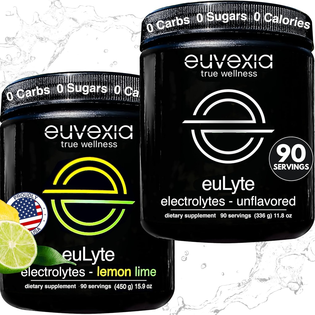 Euvexia Dr Ekberg euLyte Electrolytes Bundle | Unflavored + Lemon Lime Variety Pack | 砂糖 80+ミネラル入りフリー電解液パウダー | 90 味付け | Keto 加水サポート