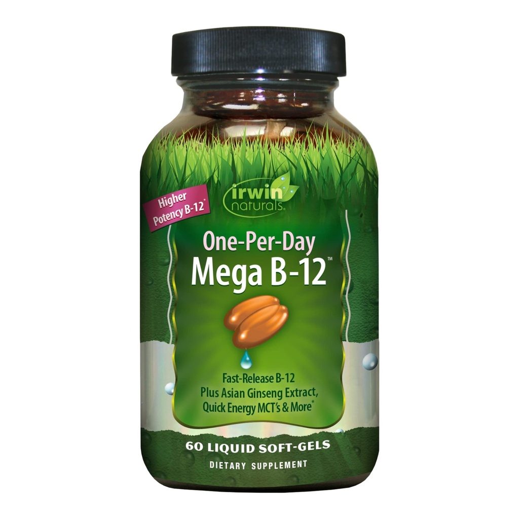 Irwinの自然な1日メガB-12 1,500mcgの高い効力のMethylcobalaminのビタミン- MCT +アジアのGinsengの速い高められた吸収-自然なエネルギー ブースト- 60の液体のSoftgels