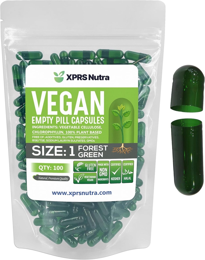 XPRS Nutra Size 1 Empty Capsules - 100 Count Empty Vegan Capsules - Vegetarian Pills - DIY Vegetable Capsule Filling- Veggie Pill Caps for Do-It-Yourself Supplements (Forest Green)