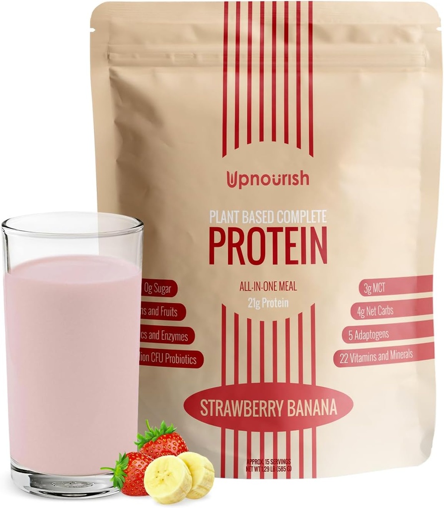 UpNourish Strawberry Banana Vegan Protein Powder 54 Superfoods Powder,1.5 Billion CFU Probiotics 21g Plant Based Protein,No Sugar No Dairy No GMO Dairy Free,Meal Replacement Shake Keto-Friendly Low-Carb Diet,15 Servings