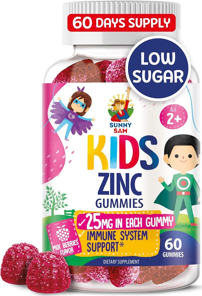 Zinc Gummies for Kids - Chewable Zinc Gummy Supplement for Children Immune Support - Low Sugar Natural Antioxidant Non-GMO Vitamin Chewables for Toddlers & Teens - 60 Gummies