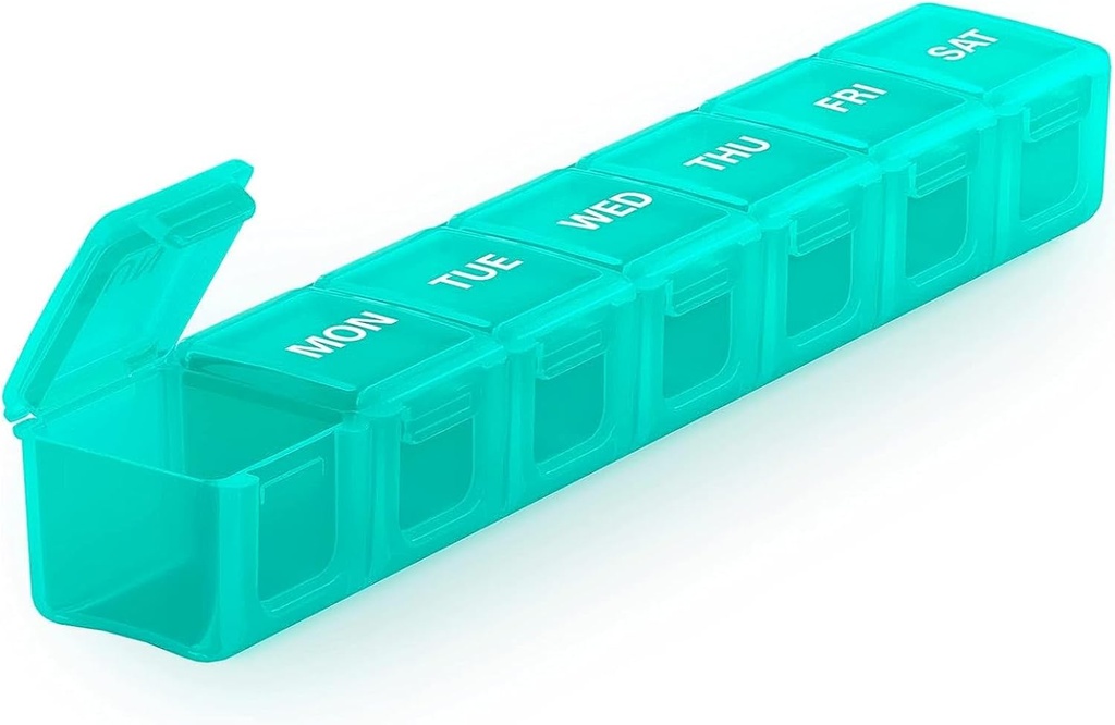 Sukuosの余分大きい週刊の丸薬のオルガナイザー、友好的な7日の毎日の丸薬箱の箱の箱の関節炎、ビタミン、魚油または補足のための明確なふたが付いているシルクスクリーンによって印刷される薬の容器(シアン)
