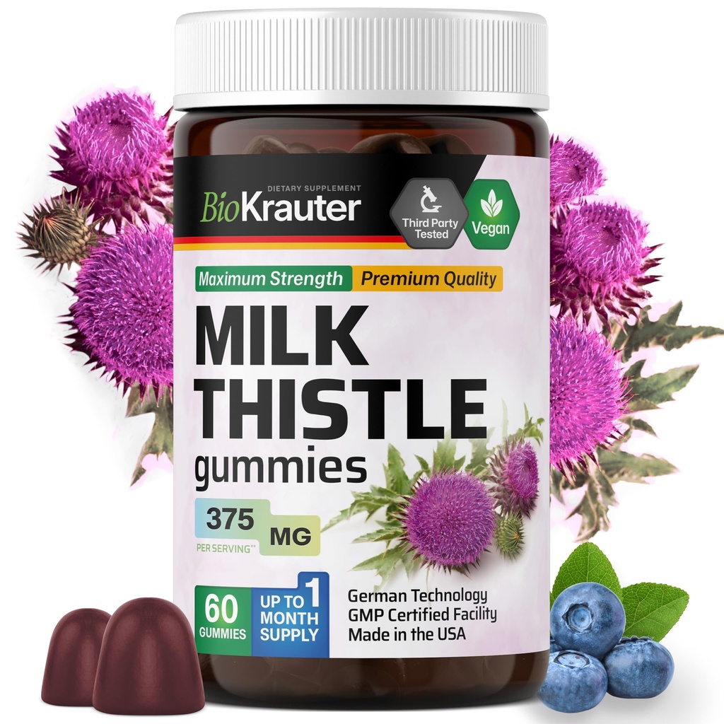 BIO KRAUTER ミルク アコール 肝臓デトックス グミ - 1500 mg 強度 - 60 咀嚼 - シリマリン ミルク アコール サプリメント - ビーガン ゼラチン フリー フォーミュラ