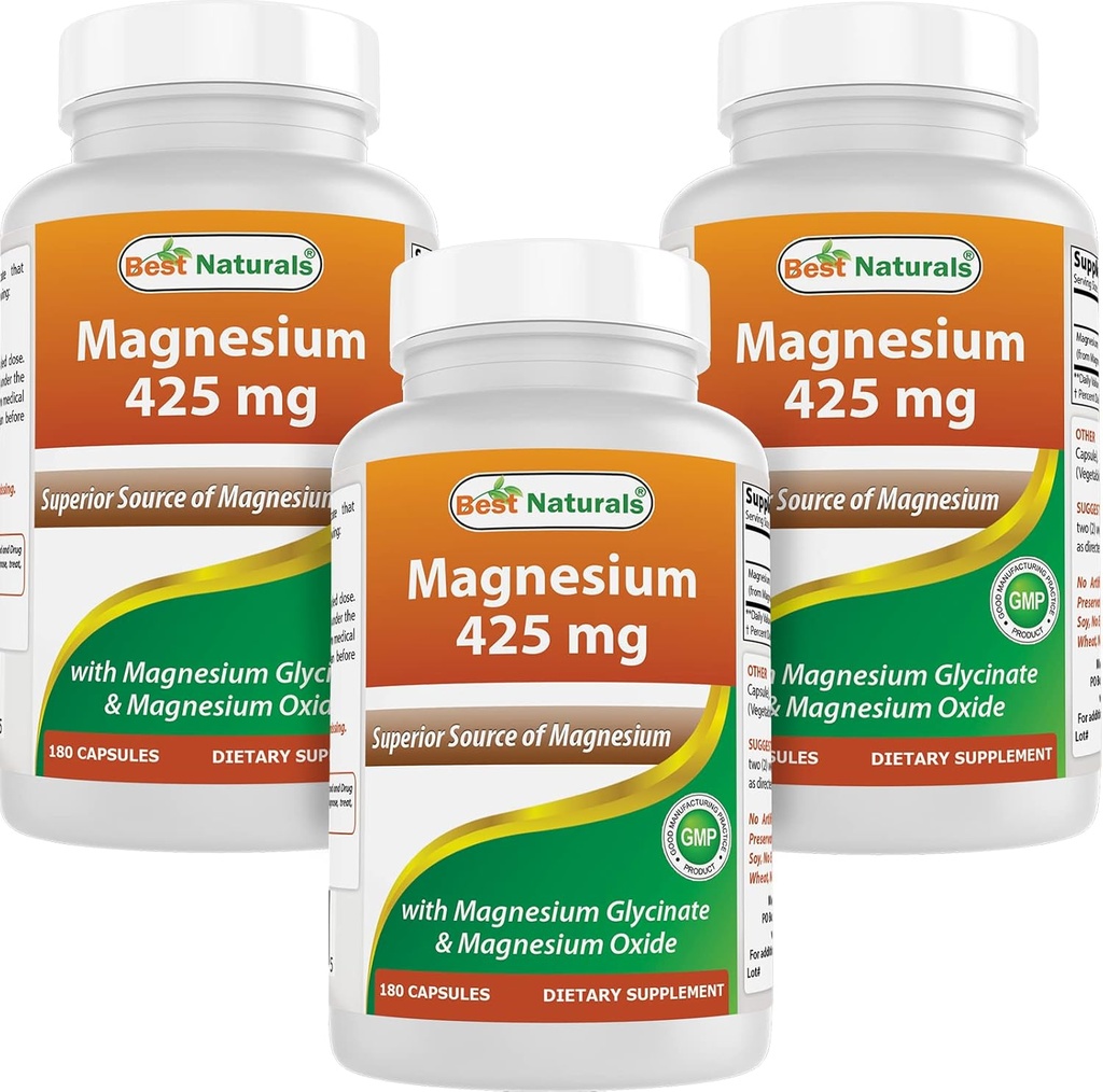 ベストナチュラルマグネシウム425mg 180ベジギーカプセル - 高吸収マグネシウムグリシナート&マグネシウム酸化物キレート、非GMO、グルテンフリー筋肉リラックス(180カウント)
