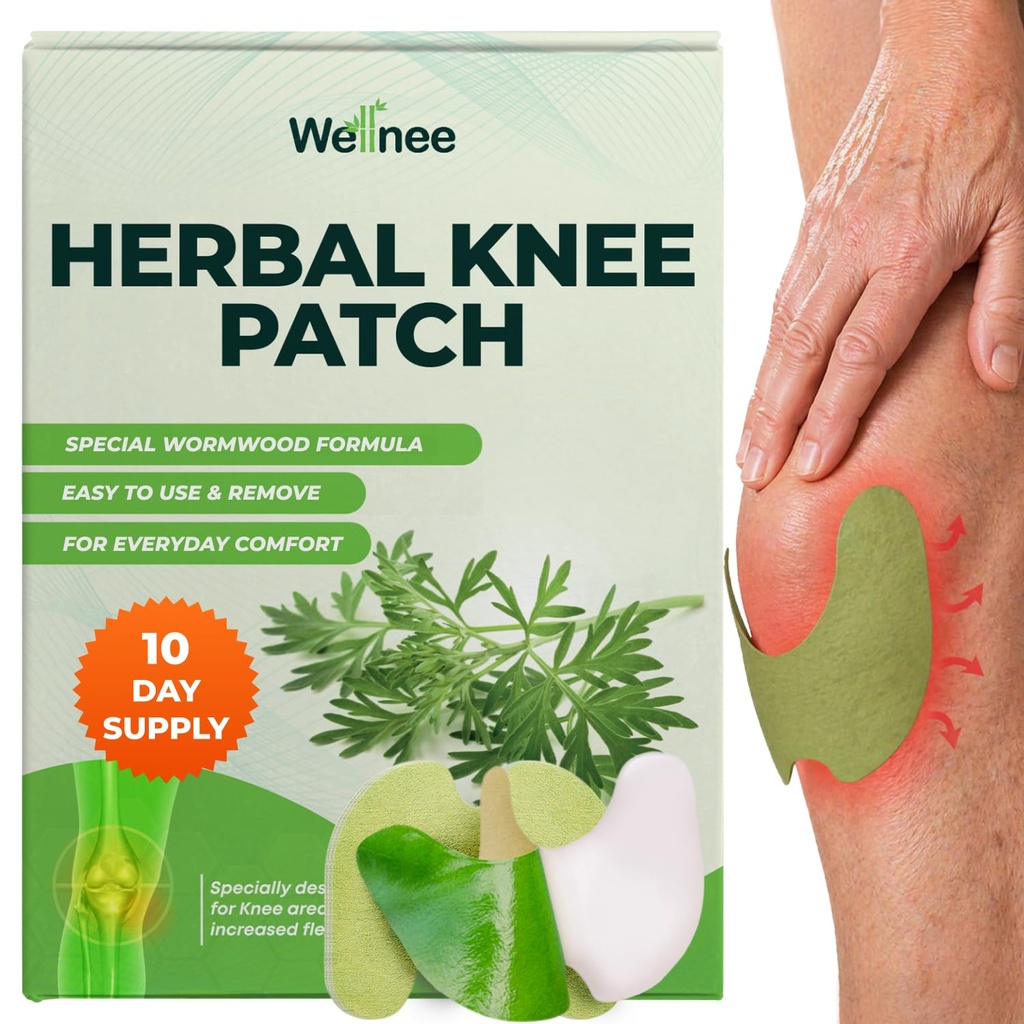 Wellneeの元の草の膝パッチ-Kneeサポート及び筋肉痛のためのWellkneeのプラスター-一時的な救助のための最高の強さ-ウェルネス(10のパッド)のための自然なハーブとなされる付着力の熱パッチ