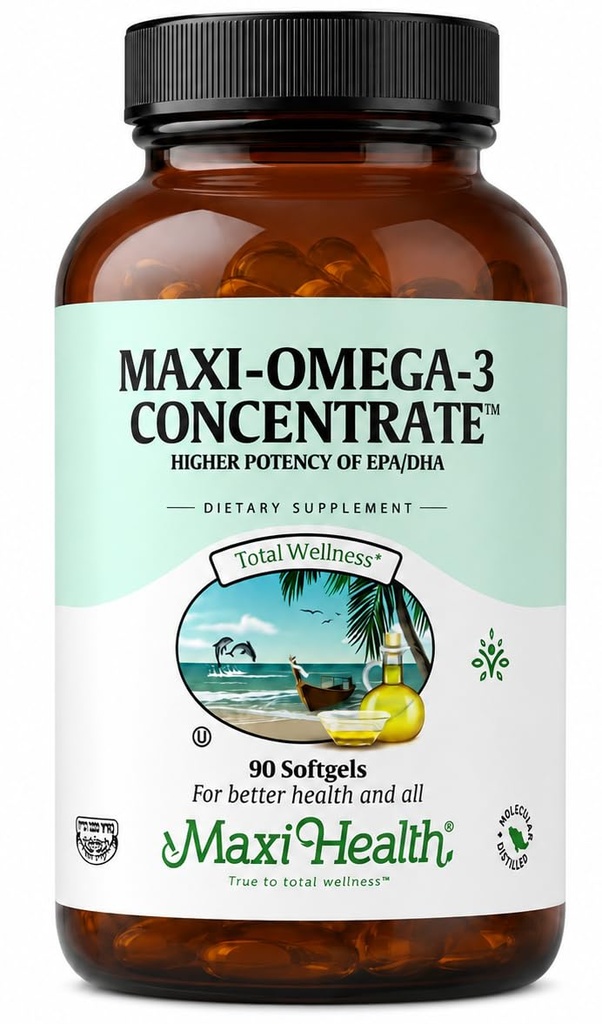 マキシ健康オメガ3サプリメント - Omega-3魚油濃度 - EPA / DHA脂肪酸の高効力源 - 心臓、脳および関節の健康 - コーシャ認定ワイルドキャッチフィッシュ - 90ベジタリアンソフトゲル