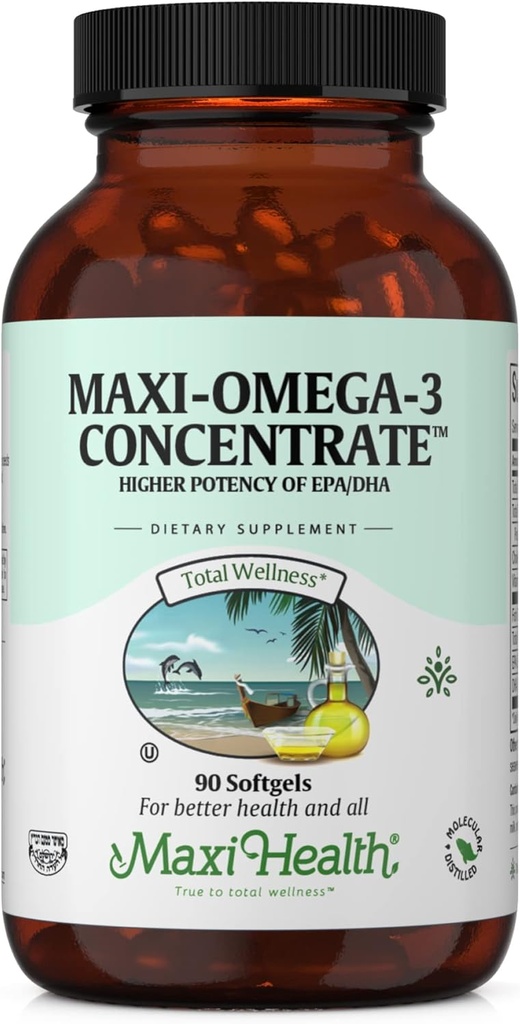 マキシ健康オメガ3サプリメント - Omega-3魚油濃度 - EPA / DHA脂肪酸の高効力源 - 心臓、脳および関節の健康 - コーシャ認定ワイルドキャッチフィッシュ - 90ベジタリアンソフトゲル