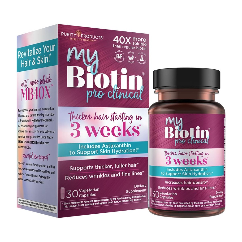 純度プロダクトMyBiotinのProClinical - 3週及び戦いのしわから始めるより厚い毛- MB40X特許を取られたBiotinのビタミンB7のマトリックスw/アスタキサンチン- 40Xのより溶性対の普通Biotin、30のベジのカプセル