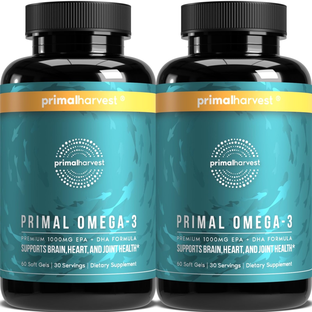 Primalの収穫オメガ3の魚油の補足、30は柔らかいゲルのカプセルw/1000mg EPA + DHAの補足、魚介類のパルプの非GMOオメガ3脂肪酸、2のパックをサービングします