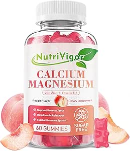 ビタミンD3とカルシウムグミー600mg、骨のためのカルシウムマグネシウム亜鉛グミー&免疫サポート、女性&男性のためのカルシウムサプリメント、砂糖無料、ビーガン、ピーチフレーバー、60カウント