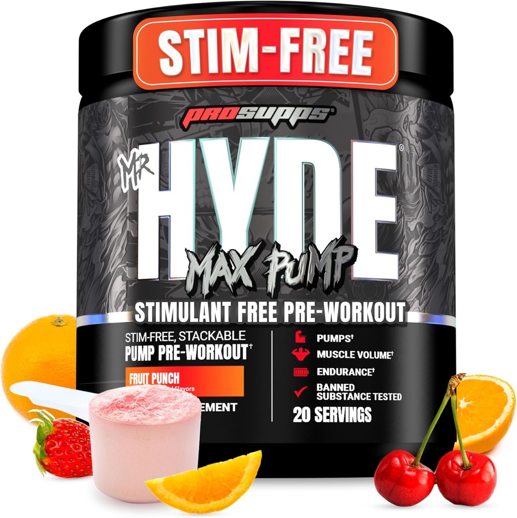 PROSUPPS Mr. Hyde Max Pump Pre Workout Powder - Stim-Free Preworkout Supports Blood Flow, Muscle Volume & Endurance - Caffeine-Free Nitric Oxide Gym & Fitness Supplements(フルイトパンチ、20サービング)